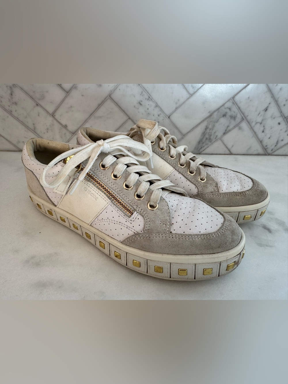 Geox White and Taupe Low-Top Breathable Sneakers Size 8
